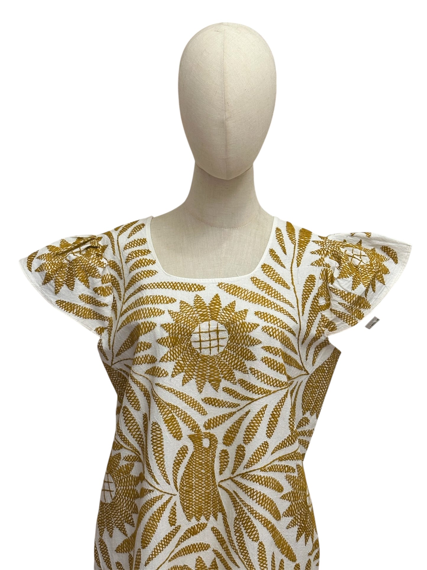 Vestido Palmita – Beige con Bordado Cobre, Artesanal Midi de Tuxtepec Oaxaca