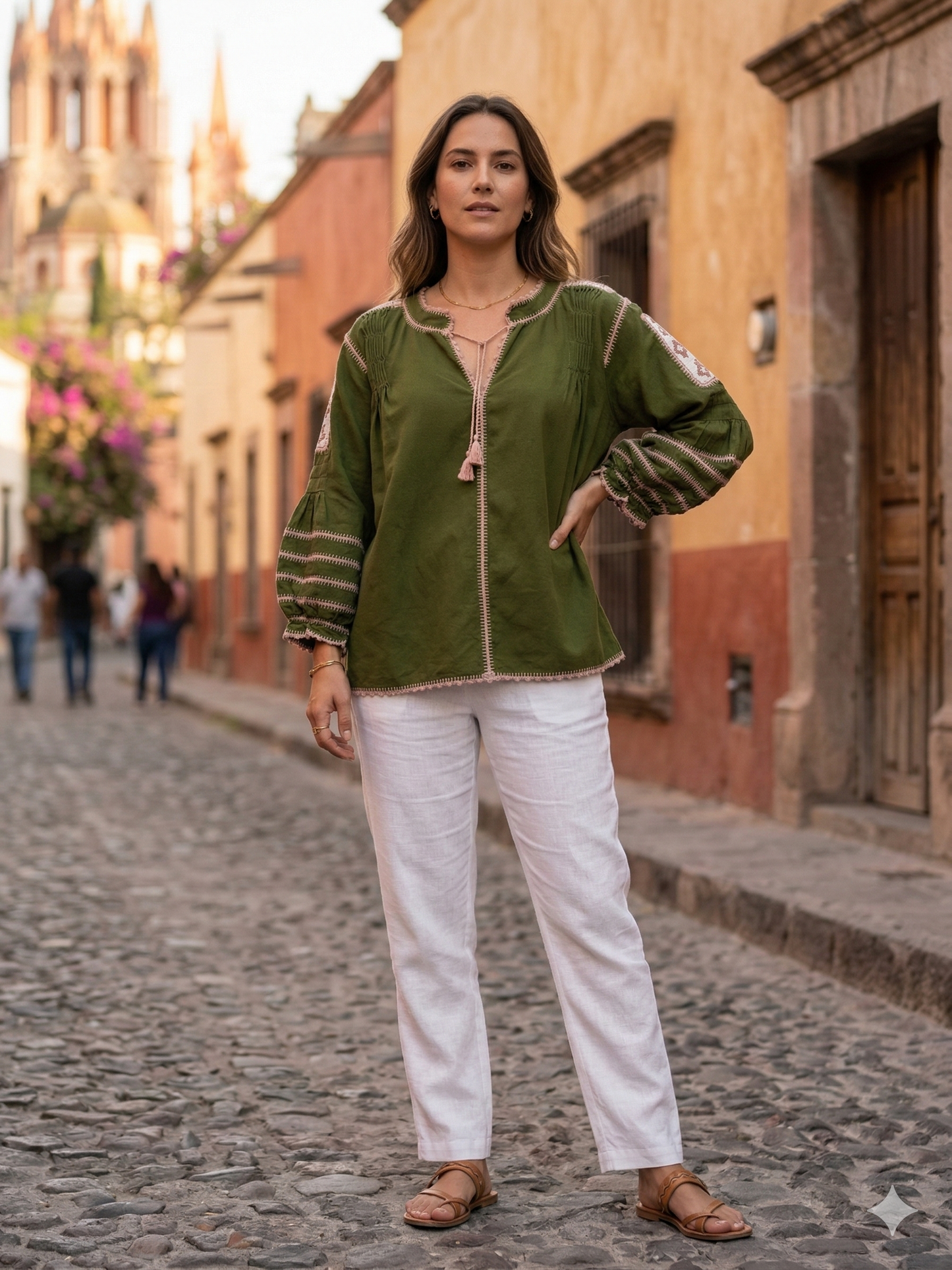 Blusa "Sirena" Oaxaqueña de Algodón con Mangas Bombachas y Detalles de Ganchillo