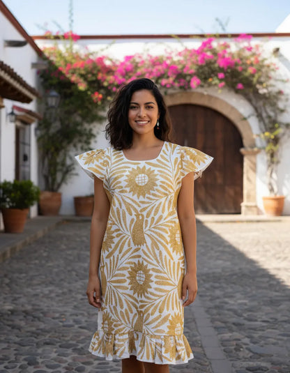 Vestido Palmita – Beige con Bordado Cobre, Artesanal Midi de Tuxtepec Oaxaca