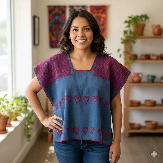 Top artesanal de mezclilla con corazones rojos – Telar de cintura San Juan Colorado