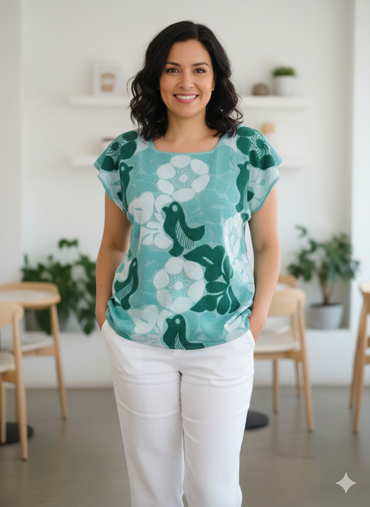 Blusa Bordada Jalapa de Díaz – Pajaritos y Flores en Verdes y Azules Pasteles, Cuello Redond