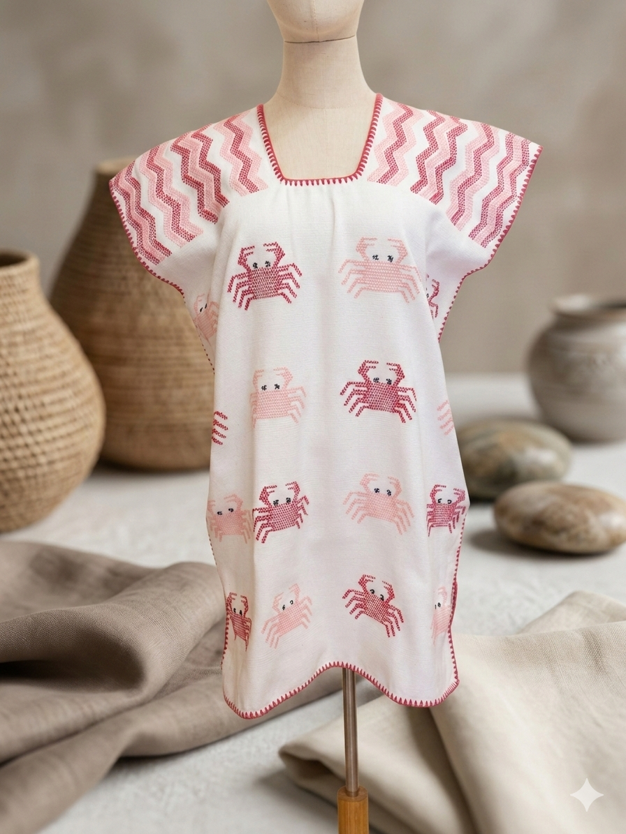 Huipil Oaxaqueño Artesanal de Algodón – Diseño Cangrejos Blanco y rosa