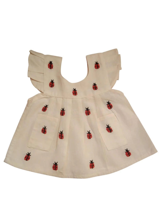 Vestido de Bebé Beige con Bordado de Catarinas – Hecho a Mano en Oaxaca – 100% Manta Prelavada