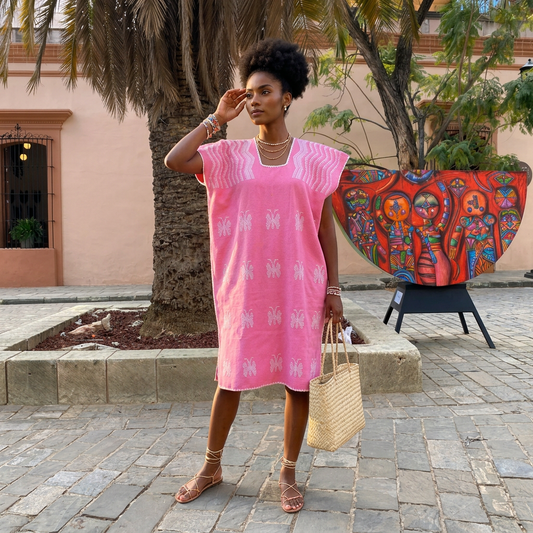Huipil de Oaxaca Rosa - Vestido Artesanal de Telar de Cintura | Mexican Kaftan Dress