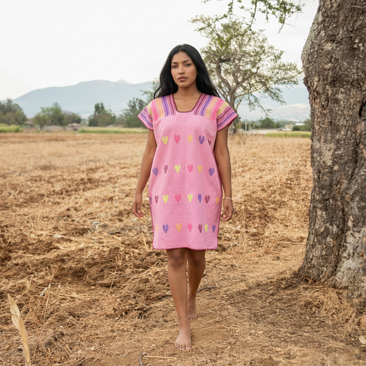 Vestido Tipo Huipil Artesanal de San Juan Colorado Oaxaca | Bordado a Mano con Corazones | Vestido Mexicano Bohemio | Pieza Única