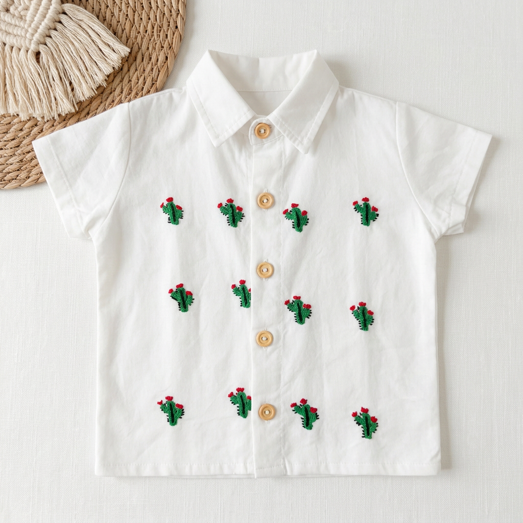 Guayabera de Manta Beige para Bebé | Bordada en Oaxaca