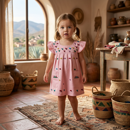 Vestido para Bebé Rosa Claro con Bordado de Pollitos Multicolor 🐥🌸