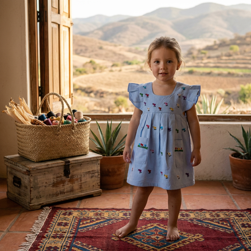 Vestido para Bebé Azul Cielo con Bordado de Pollitos Multicolor 🐥💙