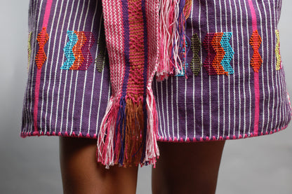 Huipil de Rayas Morado con Rosa Fuerte y Brocado Multicolor