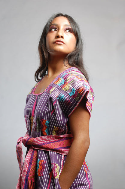 Huipil de Rayas Morado con Rosa Fuerte y Brocado Multicolor